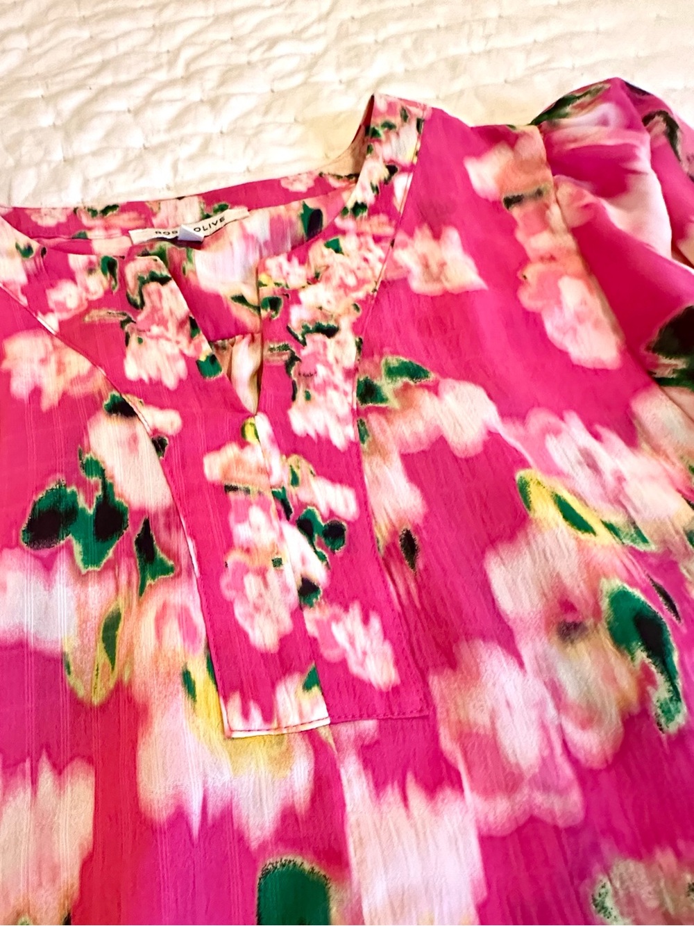 Rose & Olive Floral Puff Sleeve Tie Front Blouse XL - Like New - Picture 12 of 13